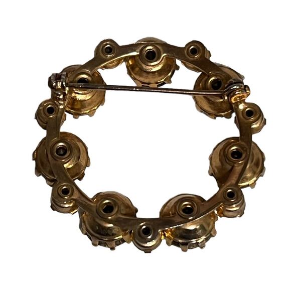 Vintage Aurora Borealis AB Rhinestone Circle Brooch Pin Round Gold Tone - Picture 2 of 4